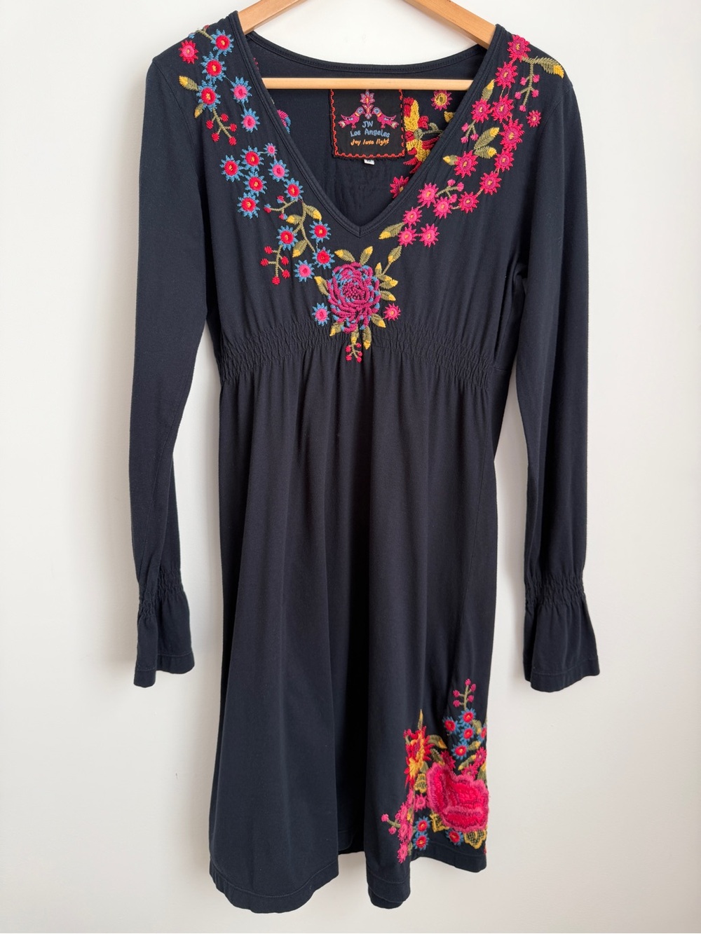 Johnny Was Black Embroidered V-Neck Smocked Cotton Midi Dress Size M - Picture 13 of 14